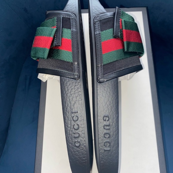 ❌SOLD❌GUCCI WEB BOW RED & GREEN SATIN/RUBBER SANDALS SLIDES SZ 11 US 41 W/BOX - Picture 7 of 10